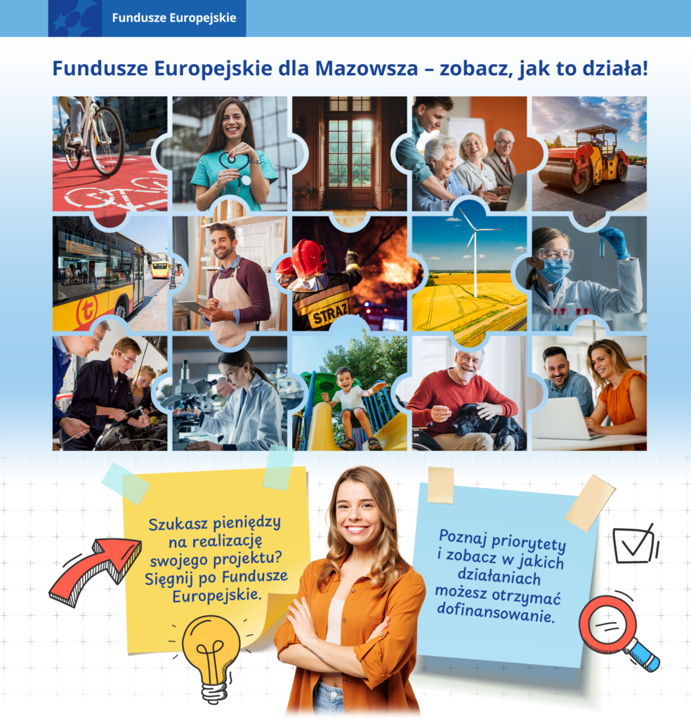 Kolaż przedstawiający transport publiczny, opiekę zdrowotną, opiekę nad osobami starszymi, biznes, STEM, rolnictwo i środowisko. Poniżej uśmiechnięta kobieta stoi ze skrzyżowanymi ramionami, dwie karteczki samoprzylepne opisują wyszukiwanie funduszy i poznawanie priorytetów projektów UE na Mazowszu.