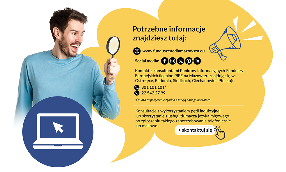 Uśmiechnięty brodaty mężczyzna w beżowym swetrze trzyma lupę i wskazuje w prawo. Obok niego znajduje się duży żółty dymek z polskim tekstem o punktach informacyjnych Funduszy Europejskich, danymi kontaktowymi i przyciskiem "skontaktuj się". Ikona laptopa pojawia się poniżej po lewej stronie.