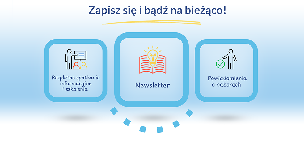 Grafika z trzema ikonami pod tekstem "Zapisz się i bądź na bieżąco!". Po lewej: ludzie i dymek z napisem "Bezpłatne spotkania informacyjne i szkolenia". Środek: otwarta książka z żarówką, oznaczona jako "Newsletter". Po prawej: osoba ze znacznikiem "Powiadomienia o naborach".