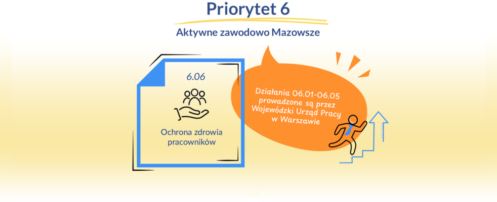 Grafika z tytułem "Priorytet 6 Aktywne zawodowo Mazowsze" u góry. Po lewej ikona ludzi nad tekstem "6.06 Ochrona zdrowia pracowników". Po prawej stronie osoba wbiegająca po schodach; dymek informuje, że działania w dniach 06.01-06.05 prowadzi Wojewódzki Urząd Pracy w Warszawie.