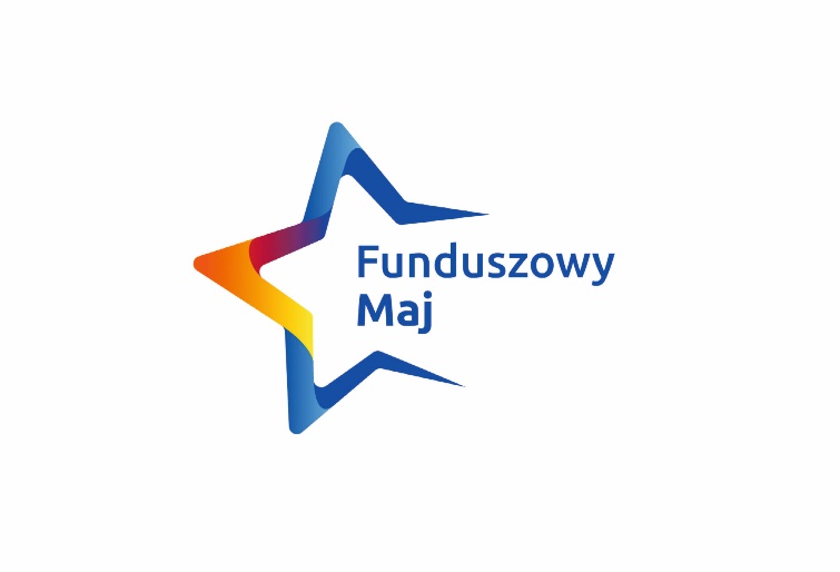 Gwiazda z niebieskim, żółtym i czerwonym gradientem otacza polski tekst Funduszowy Maj napisany na niebiesko na białym tle. Kontury gwiazd tworzą abstrakcyjny, dynamiczny kształt z miękkimi krzywiznami i ostrymi punktami.