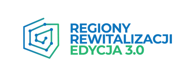 Logo z zielono-niebieskim geometrycznym symbolem sześciokąta po lewej stronie, z połączonymi kropkami wewnątrz, obok pogrubionego niebiesko-zielonego tekstu o treści: REGIONY REWITALIZACJI EDYCJA 3.0 na jasnoszarym tle.