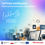 Grafika z niebieskim gradientowym tłem przedstawia ikony chmury, wifi, tabletu i budynków miejskich. Polski tekst brzmi: "Cyfrowe możliwości: Wykorzystanie potencjału usług zdalnych. Lekko! O funduszach europejskich na Mazowszu." Logotypy funduszy unijnych i Mazowsza znajdują się na dole.