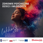 Plakat z dużym białym napisem "ZDROWIE PSYCHICZNE DZIECI I MŁODZIEŻY", z lewej profilem z zamkniętymi oczami dziewczynki, z prawej intensywną, dymną chmurą w odcieniach pomarańczu, różu i granatu wychodzącą z włosów, poniżej odręczne pismo i tekst o funduszach europejskich oraz pasek logotypów (Polska, Unia Europejska) i czerwone logo "Mazowsze", a w prawym dolnym rogu czarna etykieta "AI GENERATED".