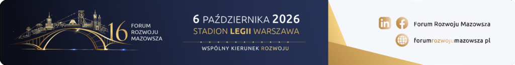 Poziomy baner z ciemnogranatowym tłem, po lewej złota ilustracja mostu i panoramy miasta oraz napis "16 FORUM ROZWOJU MAZOWSZA", na środku tekst "6 PAŹDZIERNIKA 2026 STADION LEGII WARSZAWA" i poniżej "WSPÓLNY KIERUNEK ROZWOJU", a po prawej jasne pole ze złotymi ikonami LinkedIn i Facebook oraz napisem "Forum Rozwoju Mazowsza" i ikoną globu z adresem "forumrozwojumazowsza pl".