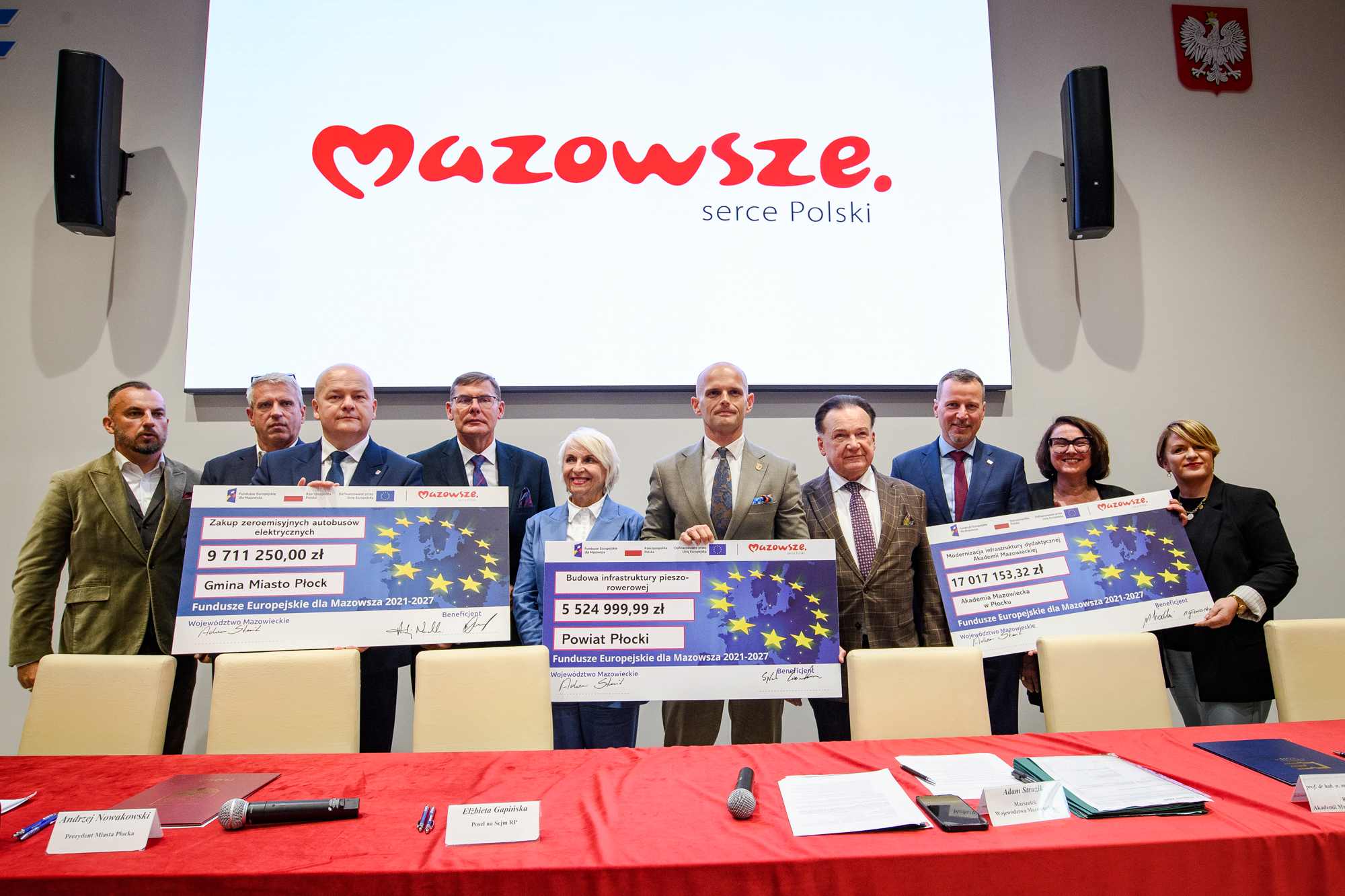 Dziesięć osób w formalnych strojach stoi w jednym rzędzie przed dużym białym ekranem z czerwonym napisem Mazowsze serce Polski, trzymając duże tablice przypominające czeki z mapą UE i widocznymi kwotami (m.in. 9 711 250,00 zł, 5 524 999,99 zł i 17 017 153,32 zł); w prawym górnym rogu ściany wisi godło Polski, po bokach umieszczone są głośniki, a na pierwszym planie stoi stół z czerwoną obrusą, mikrofonami, dokumentami i tabliczkami z nazwiskami.