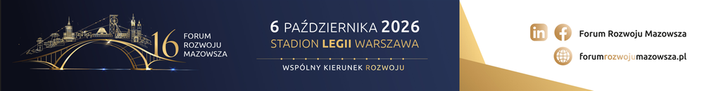 Baner z ciemnogranatowym panelem po lewej ze złotą stylizowaną panoramą miasta i mostu, dużą cyfrą 16 i napisem "FORUM ROZWOJU MAZOWSZA", w środku tekstem "6 PAŹDZIERNIKA 2026", "STADION LEGII WARSZAWA" i hasłem "WSPÓLNY KIERUNEK ROZWOJU" ozdobionym złotymi liniami, a po prawej białe tło z geometrycznymi złotymi elementami, ikonami LinkedIn i Facebook oraz napisem "Forum Rozwoju Mazowsza" i ikoną globu z adresem strony.